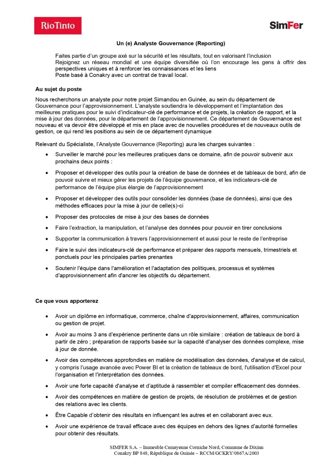 Offre Demploi Riotinto Recrute Un E Analyste Gouvernance Reporting