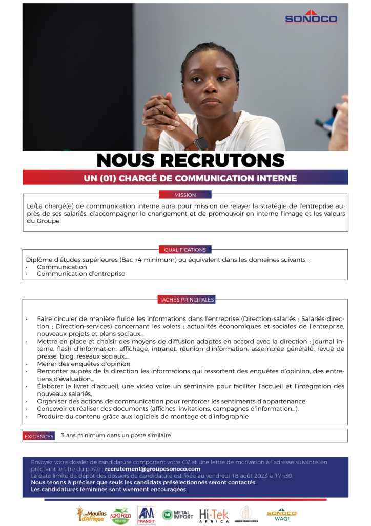 Offre D'emploi : Sonoco Recrute Un(e) Chargé(e) De Communication ...